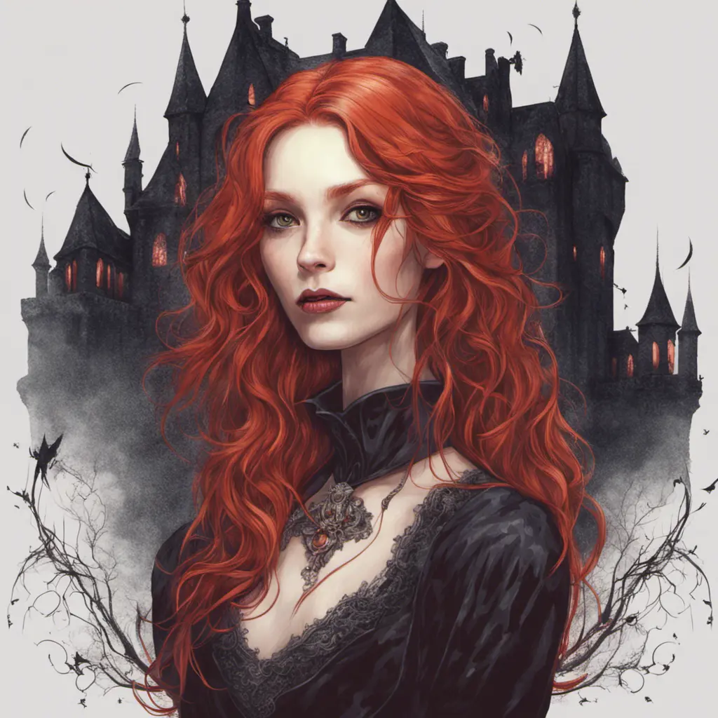 Red headed witch with shimmering hair and magical aura in a haunted castle, Gothic and Fantasy