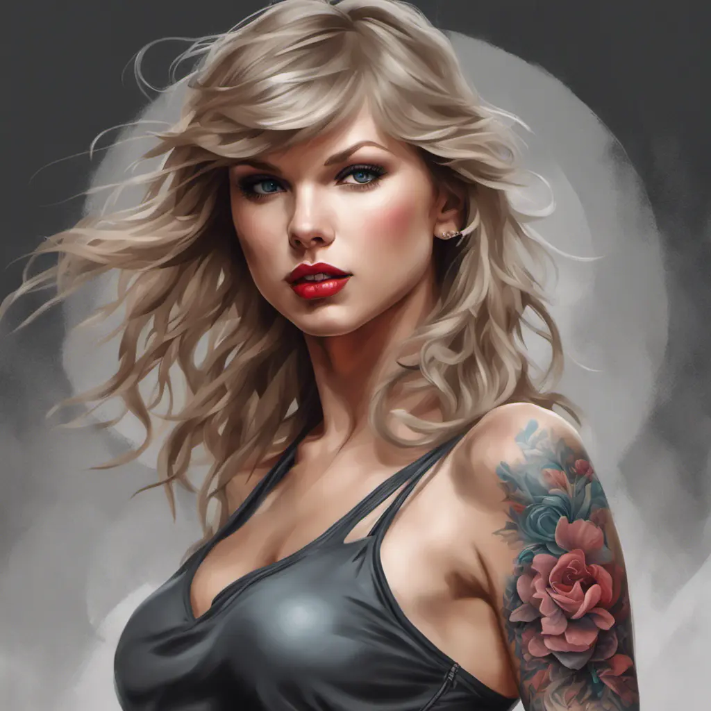 Matte portrait of Taylor Swift with colored tattoos, 4k, Highly Detailed, Powerful, Alluring, Artstation, Magical, Digital Painting, Photo Realistic, Sharp Focus, Grayscale, Volumetric Lighting, Concept Art by Stanley Artgerm Lau, Alphonse Mucha, Greg Rutkowski