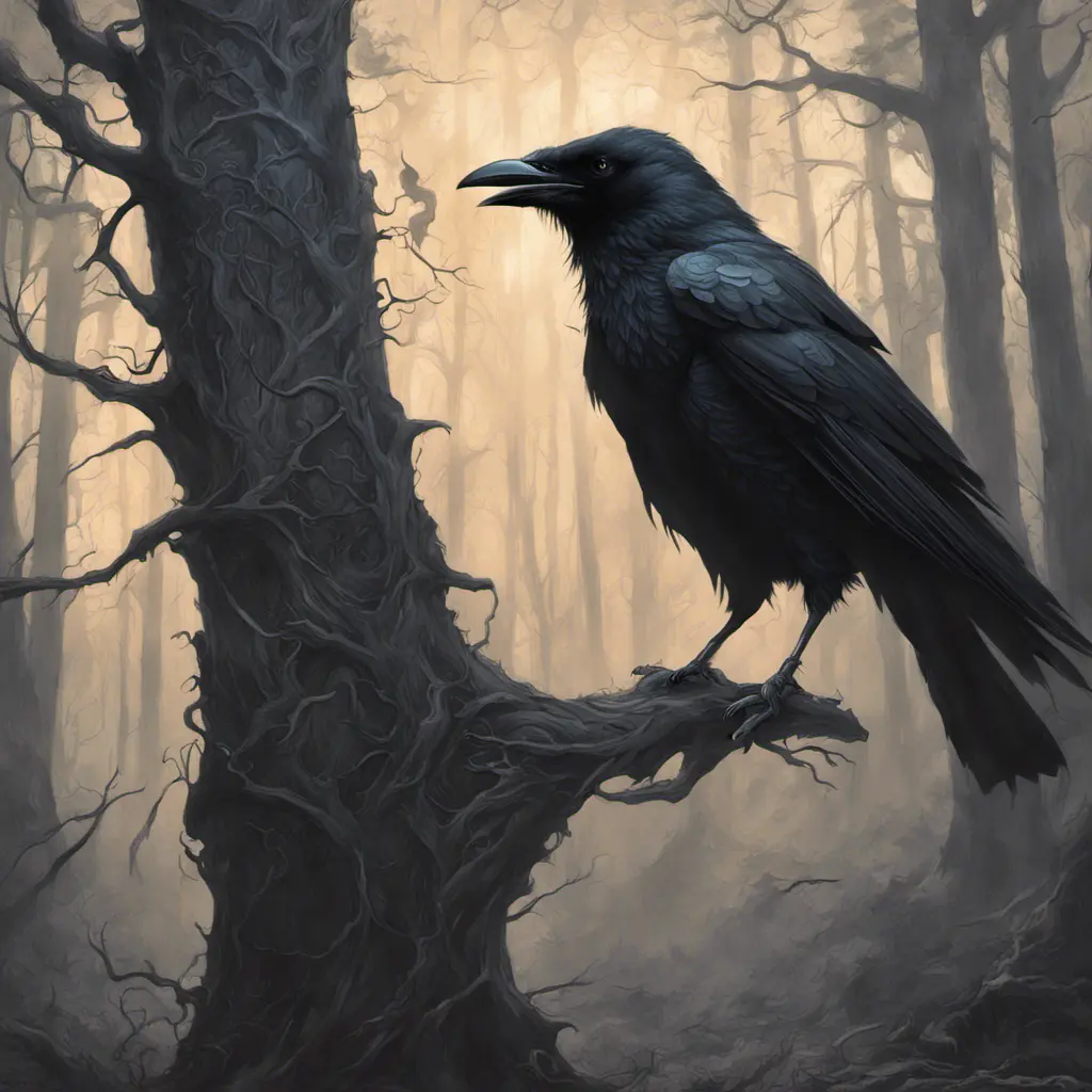 Crow in a haunted forest, Highly Detailed, Intricate, Gothic, Volumetric Lighting, Fantasy, Dark by Stanley Artgerm Lau