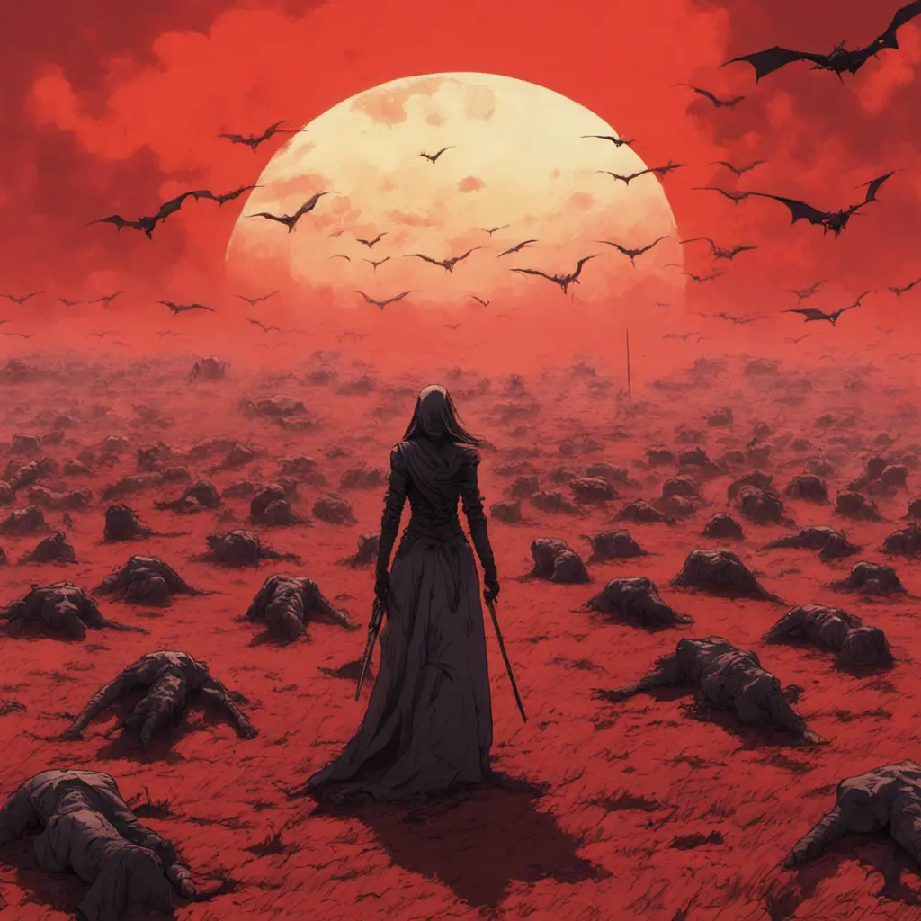 Back view of an assassin woman on a batte field covered by corpses. The sky is colored by a red sun set, Dystopian, Volumetric Lighting