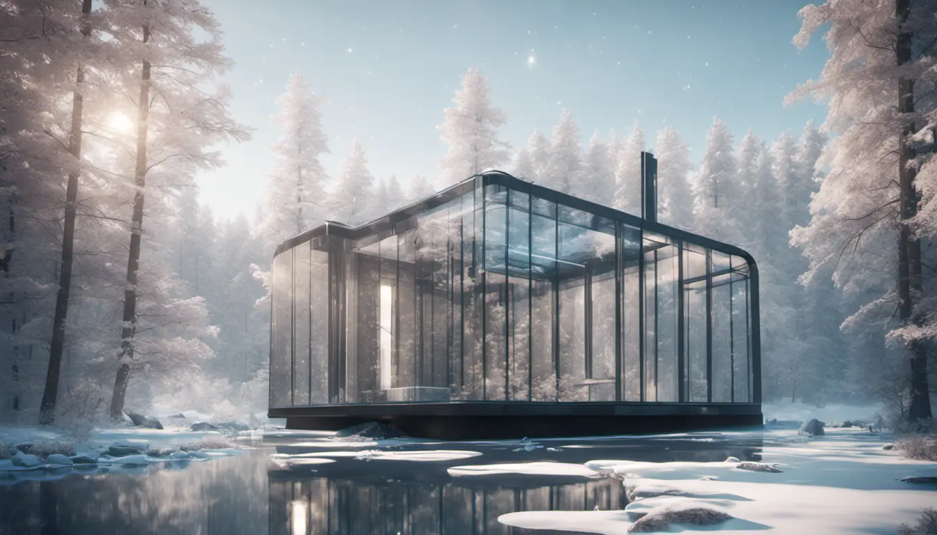 Beautiful futuristic architectural glass house in the forest by a large frozen lake, 8k, Award-Winning, Highly Detailed, Beautiful, Epic, Octane Render, Unreal Engine, Radiant, Volumetric Lighting by Greg Rutkowski