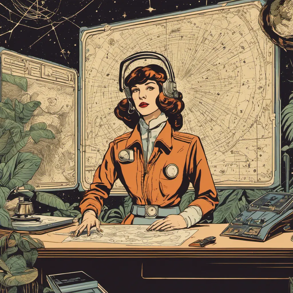 A woman dressed in an old-fashioned space outfit, with a constellations map in a desk and an astrolab in the hand in a jungle. Detailed image with vintage vidéo game animation style, with great lighting and tension., Vintage Illustration, Retro-Futurism