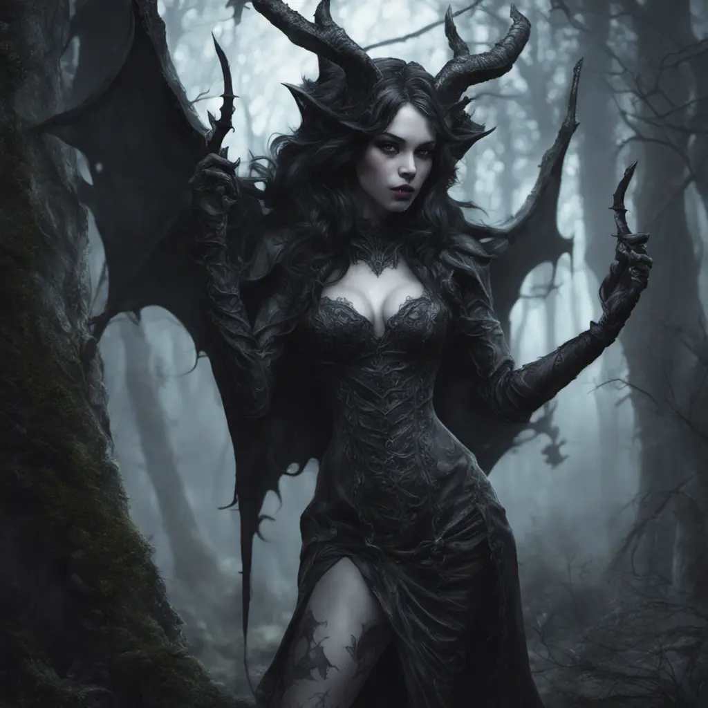 Succubus in a haunted forest, Highly Detailed, Intricate, Gothic, Volumetric Lighting, Fantasy, Dark by Stanley Artgerm Lau