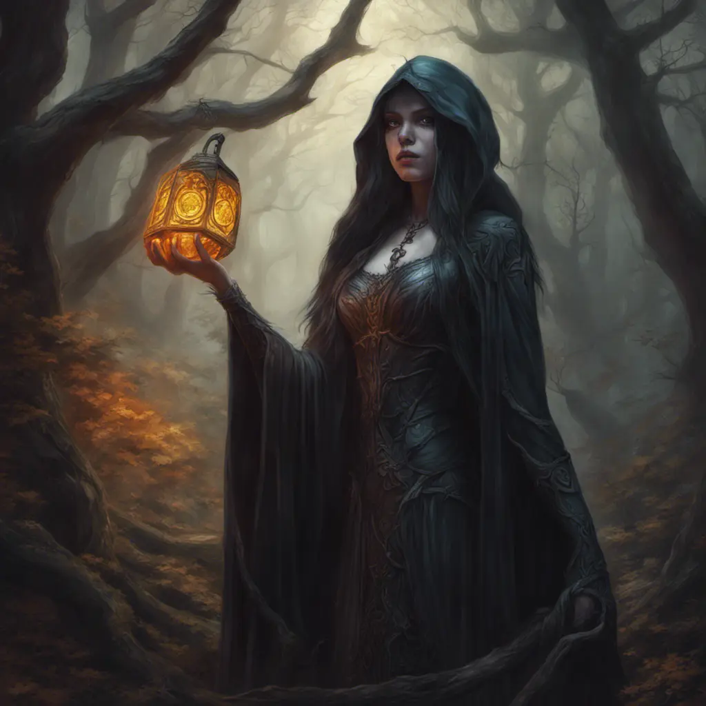 Sorceress in a haunted forest, Highly Detailed, Intricate, Gothic, Volumetric Lighting, Fantasy, Dark by Stanley Artgerm Lau