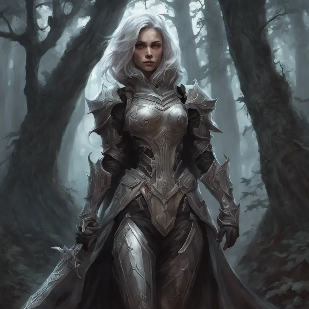 Ashen haired female paladin in a haunted forest, Highly Detailed, Intricate, Gothic, Volumetric Lighting, Fantasy, Dark by Stanley Artgerm Lau