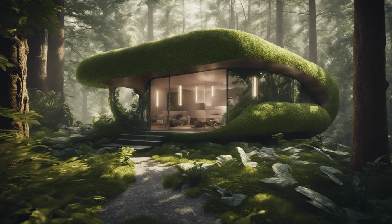 Beautiful futuristic organic house made from imaginary plants in a forest, 8k, Award-Winning, Highly Detailed, Beautiful, Epic, Octane Render, Unreal Engine, Radiant, Volumetric Lighting by Greg Rutkowski