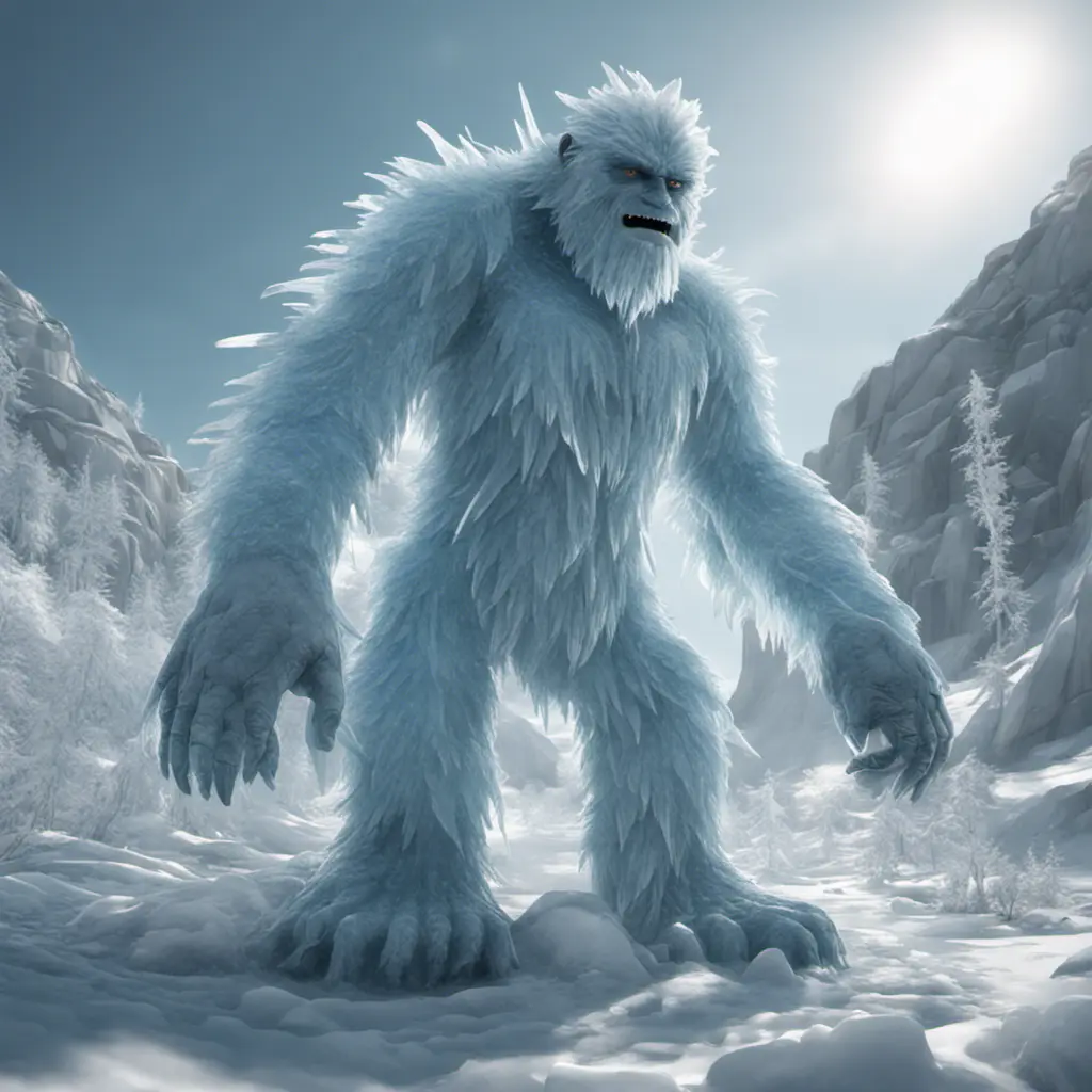 The Glacial Yeti is a towering ice creature that glistens with frost. Watch as ice crystals form and shatter realistically as it moves through its frigid habitat, 8k