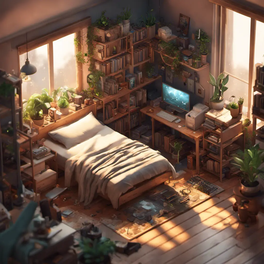 isometric render, messy nostalgic bedroom with a gaming pc, windows, plants bookshelves, desk, 8k, Behance, Dynamic Lighting, Concept Art, 3D art, Muted