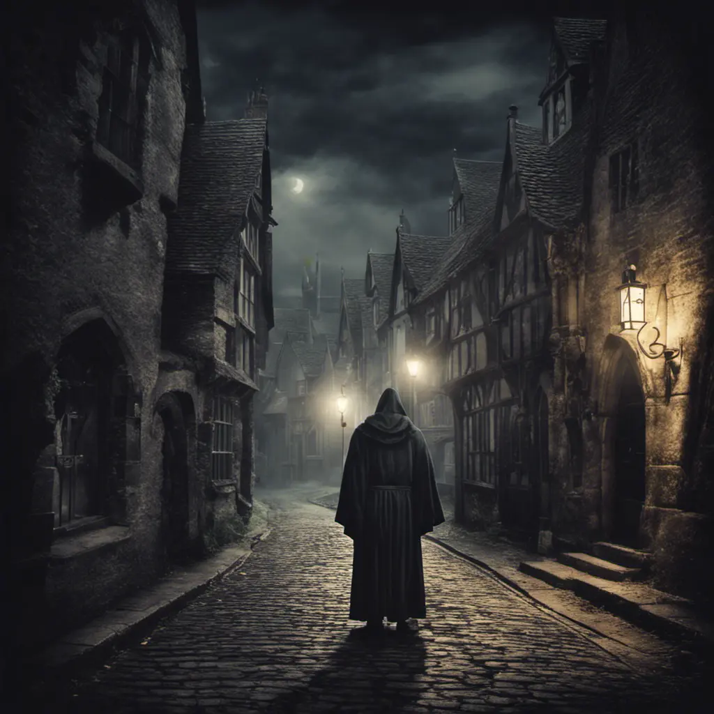 spooky medieval english street, night, ghostly monk standing, Gothic and Fantasy, Dark