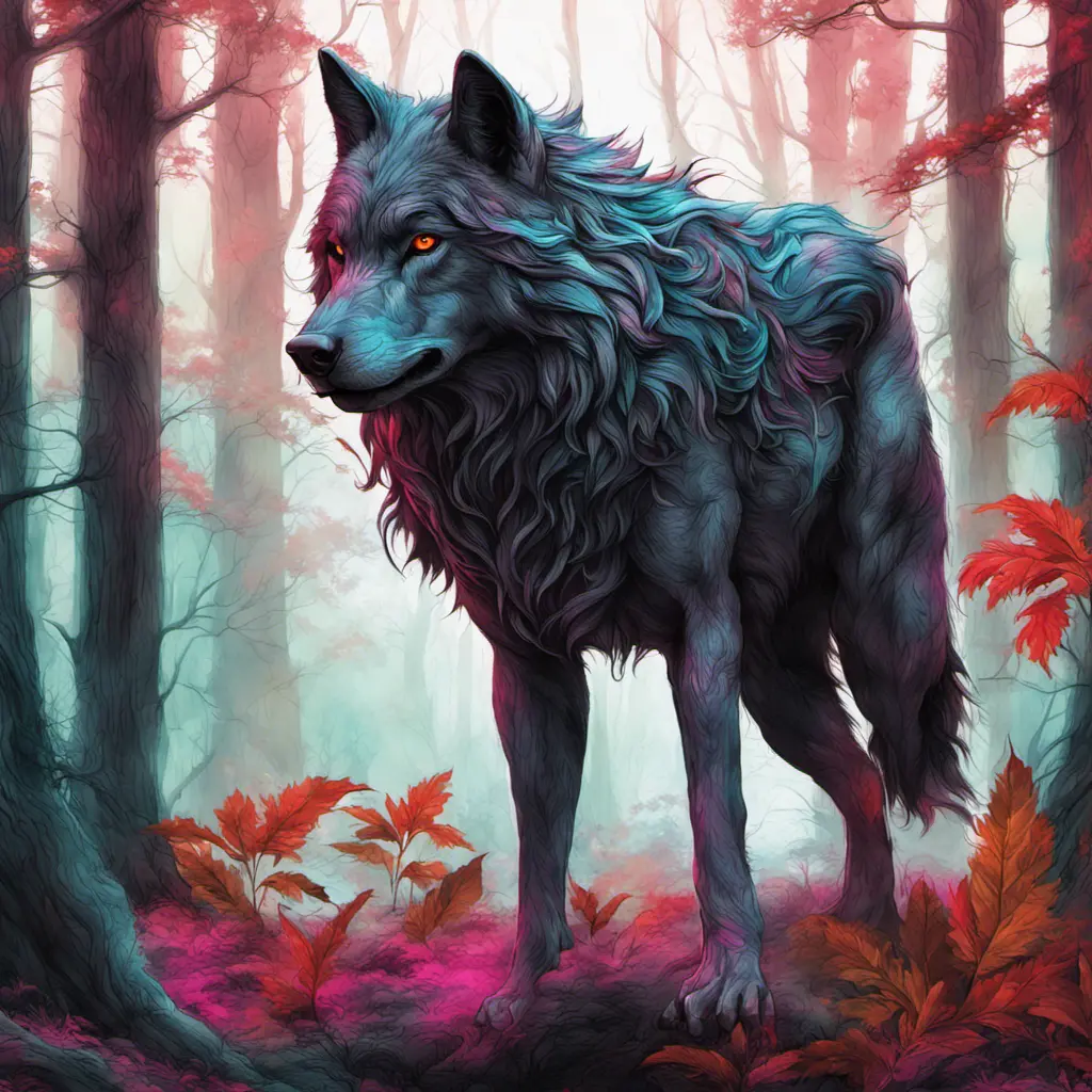 Wolf in the forest, Highly Detailed, Intricate, Gothic, Volumetric Lighting, Color Splash, Vibrant Colors, Ink Art, Fantasy, Dark by Stanley Artgerm Lau