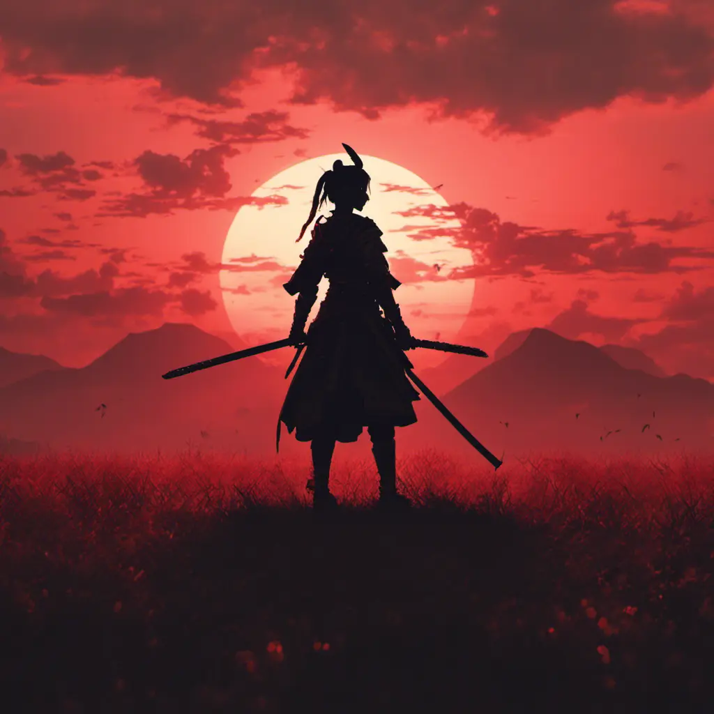 Silhouette of a samurai female assassin on a batte field. Sky is colored by a red sun set., 8k, Dystopian, Trending on Artstation, Volumetric Lighting