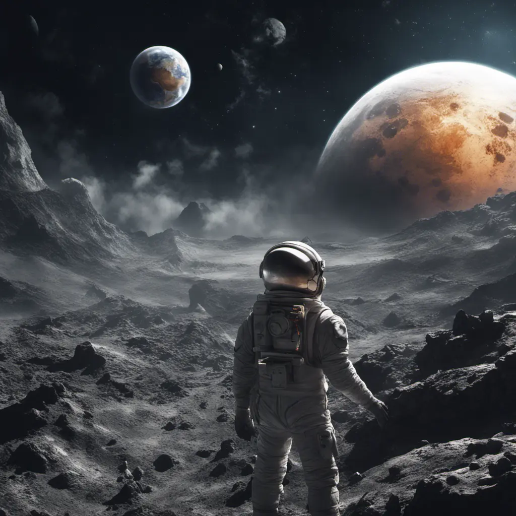 A space explorer on moon, viewing how the earth is destroyed, Magical, Stunning, Digital Painting, Cinematic Lighting, Sharp Focus, Dark, Hyper Realistic