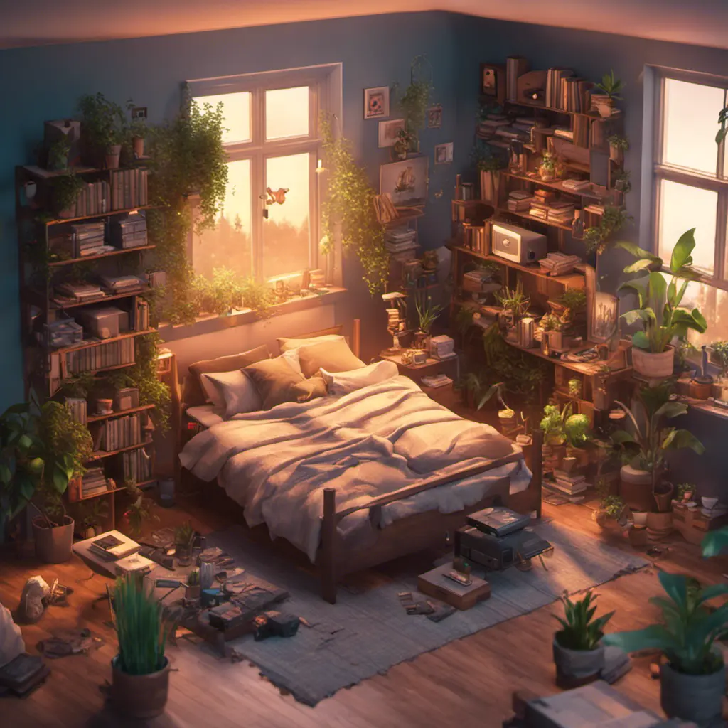 isometric render, messy nostalgic bedroom with a gaming pc, windows, plants bookshelves, desk, 8k, Behance, Dynamic Lighting, Concept Art, 3D art, Muted