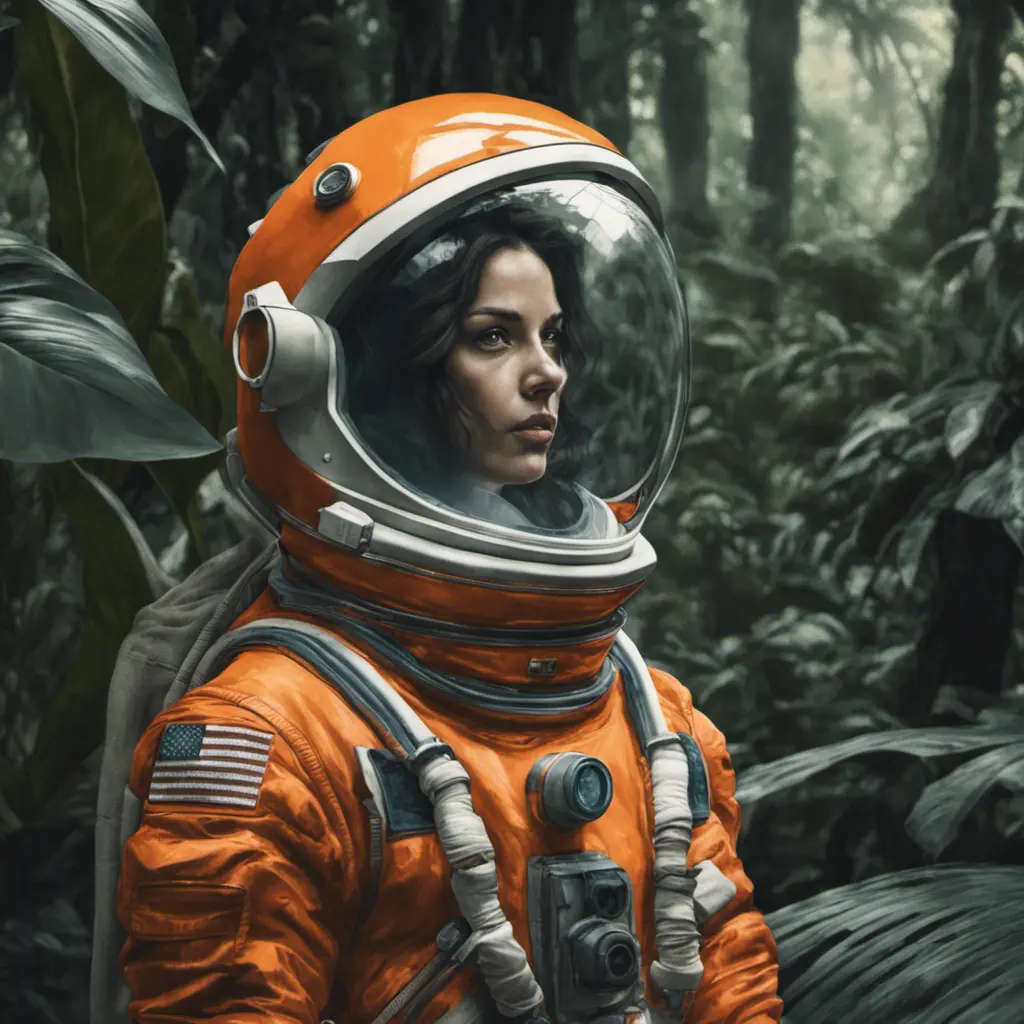 Medium-full shot, muted photo portrait titled "female Astronaut in a Jungle", tangerine space suit, muted palette, reflections, 8k, Highly Detailed