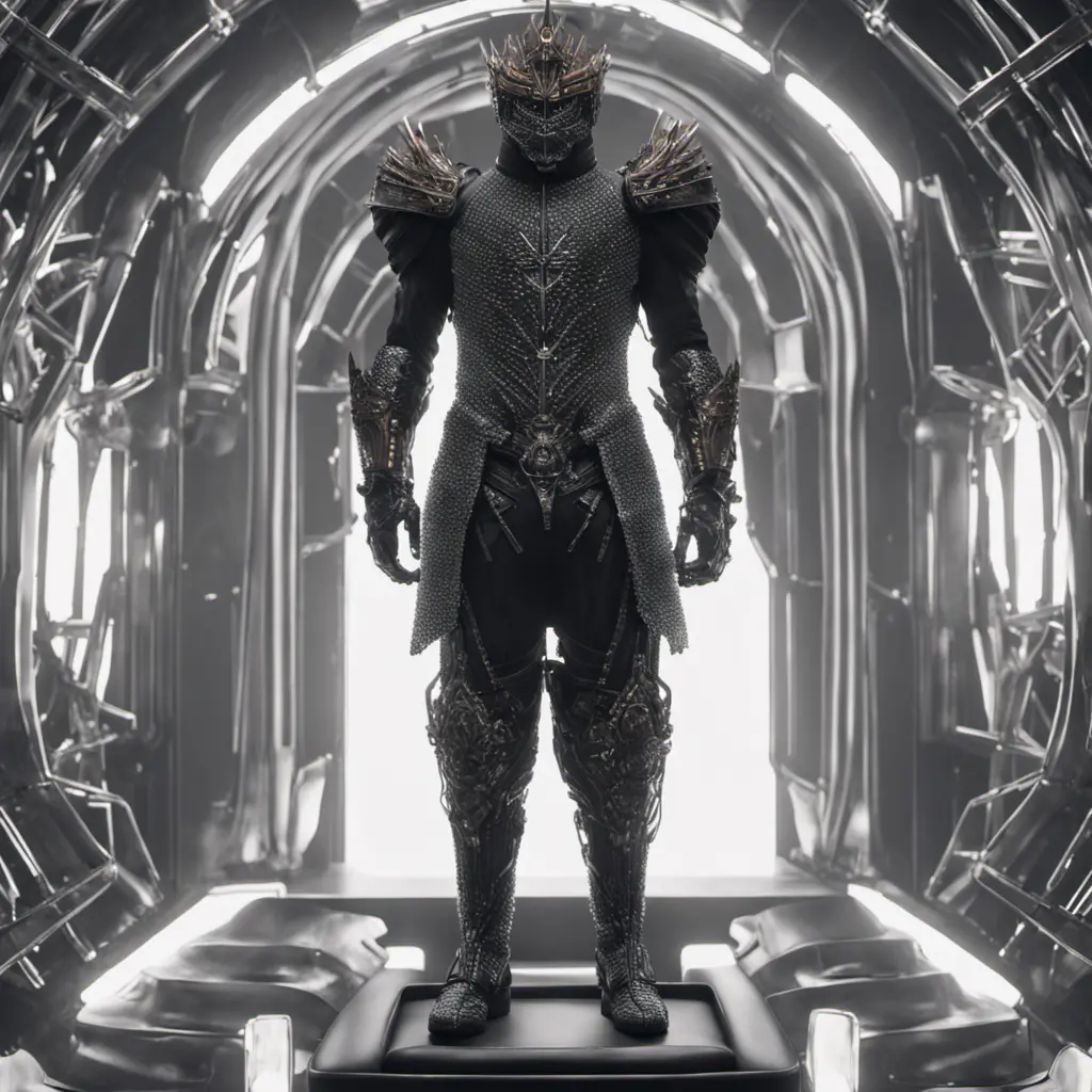 An ultrarrealistic distant   photograph of a futuristic medieval  king style  power suit, made of black mate  metal and polymer, full crystal hull, for a man, visible wires,  sitting in a throne, 8k, Dystopian, Elegant