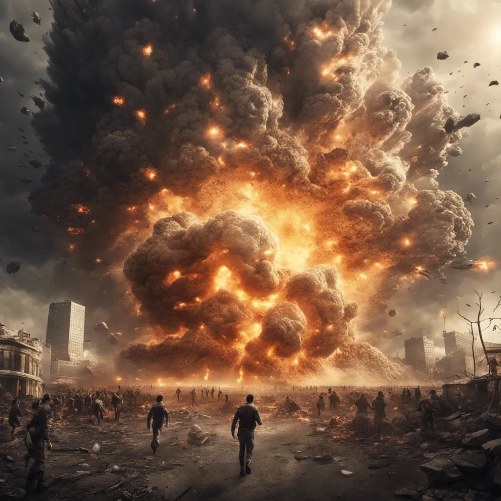 a mass explosion on earth that destroys all of humanity, scary, massive explosion, humans running away from it, 8k, Dystopian, Dark