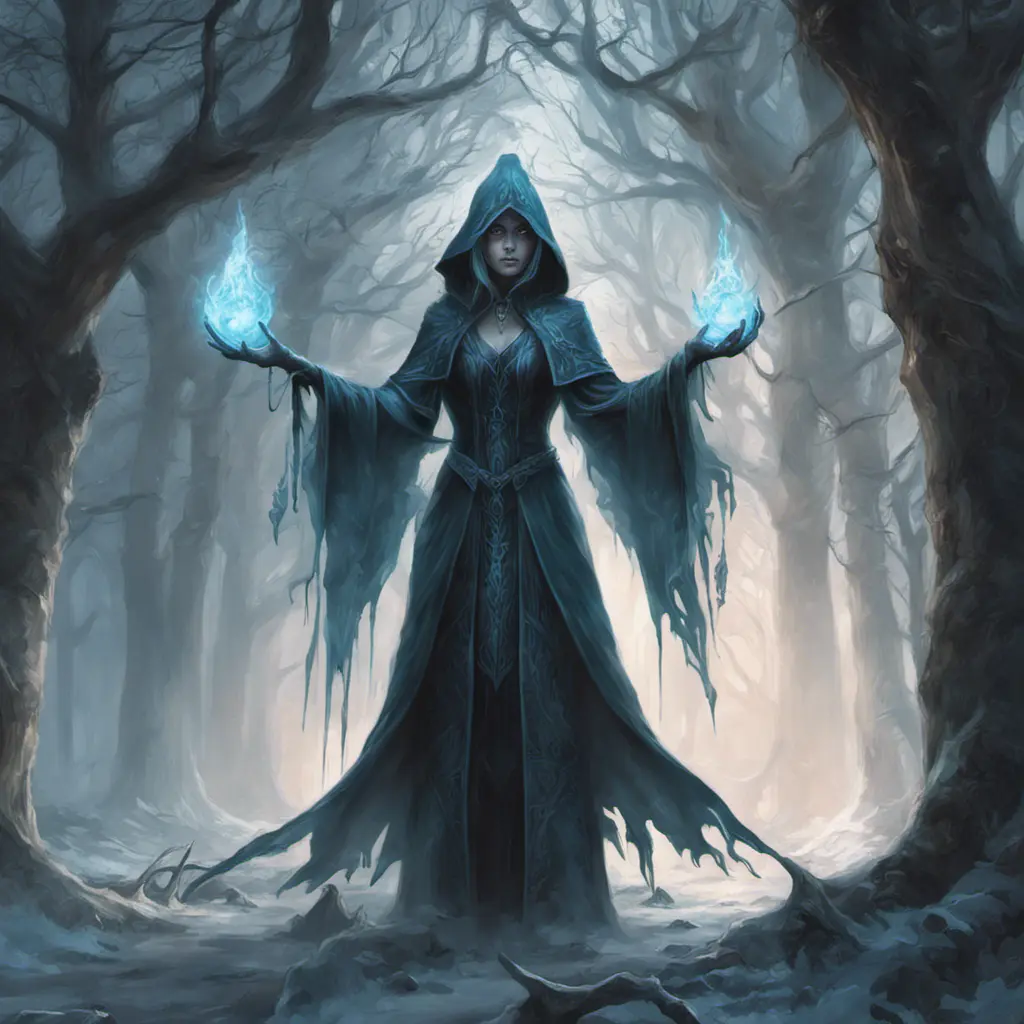 Ice mage in a haunted forest, Highly Detailed, Intricate, Gothic, Volumetric Lighting, Fantasy, Dark by Stanley Artgerm Lau