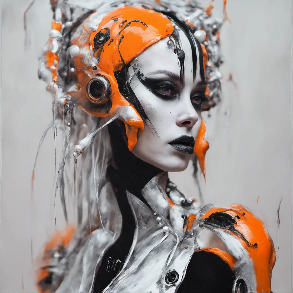 Ethereal minimalist Alien race cybergoth fashion photography painting, in the style of fluorecent orange  ,pearl_white  black  and silver , heavy use of palette knives, full body wide shot painting of teachment , Intricate, Sharp Focus, Concept Art