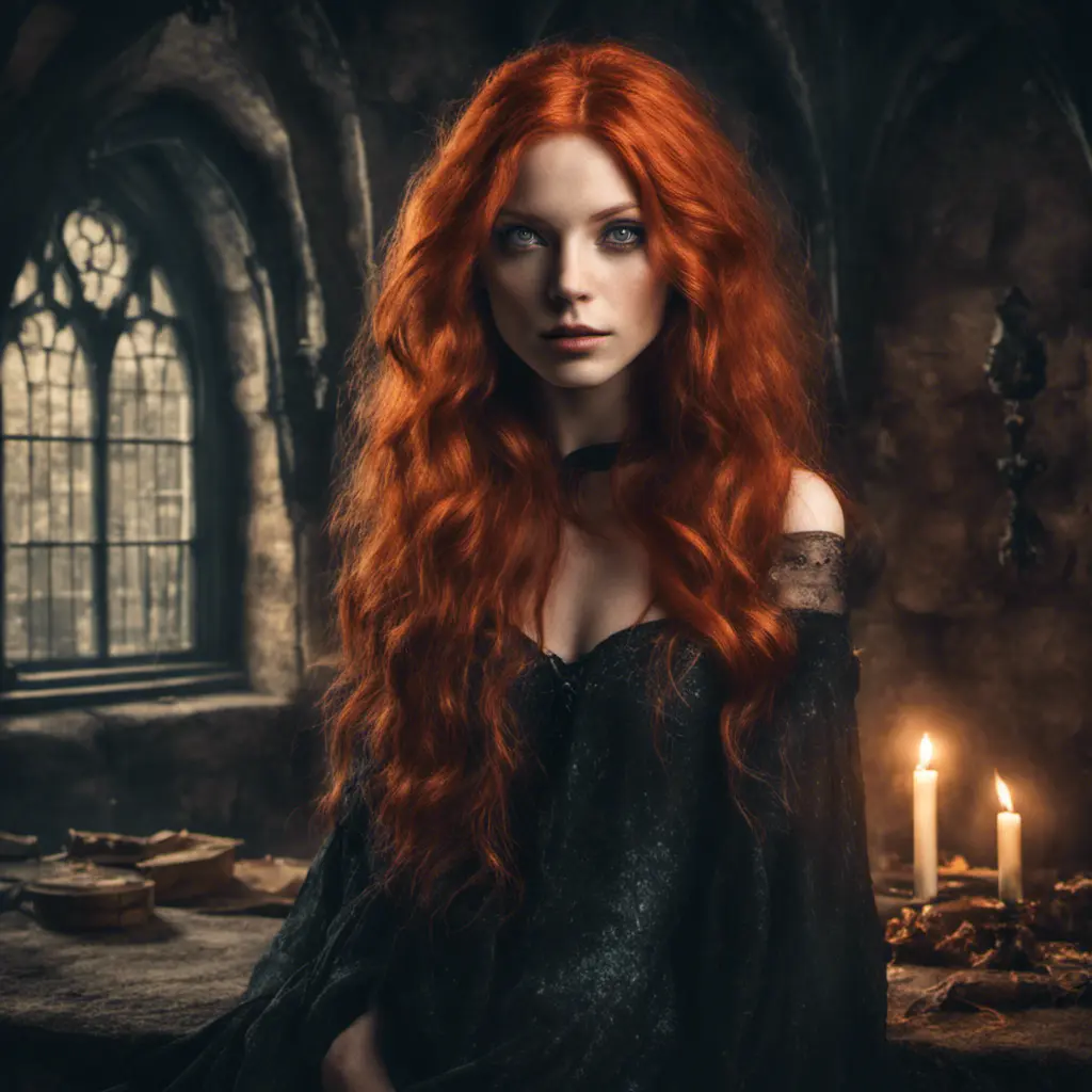 Red headed witch with shimmering hair and magical aura in a haunted castle, Gothic and Fantasy