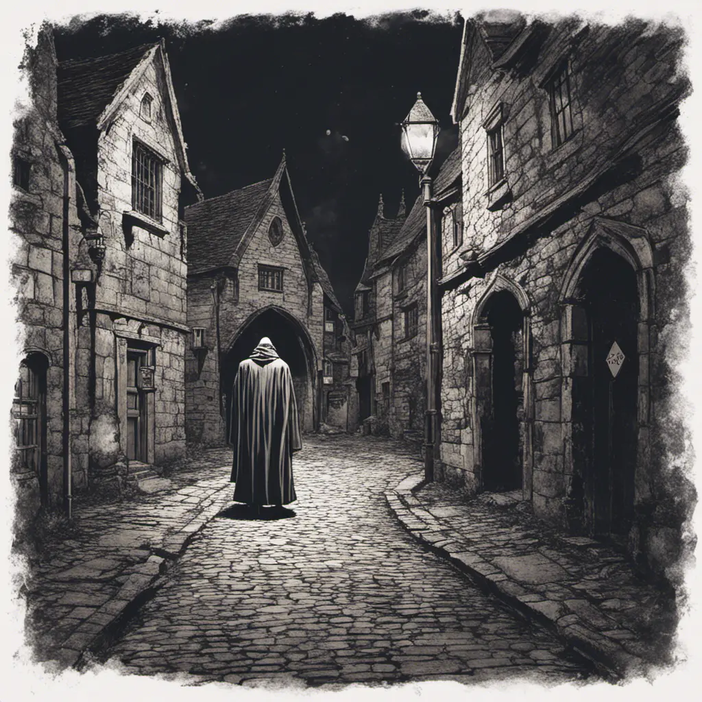 spooky medieval english street, night, ghostly monk standing, Gothic and Fantasy, Dark