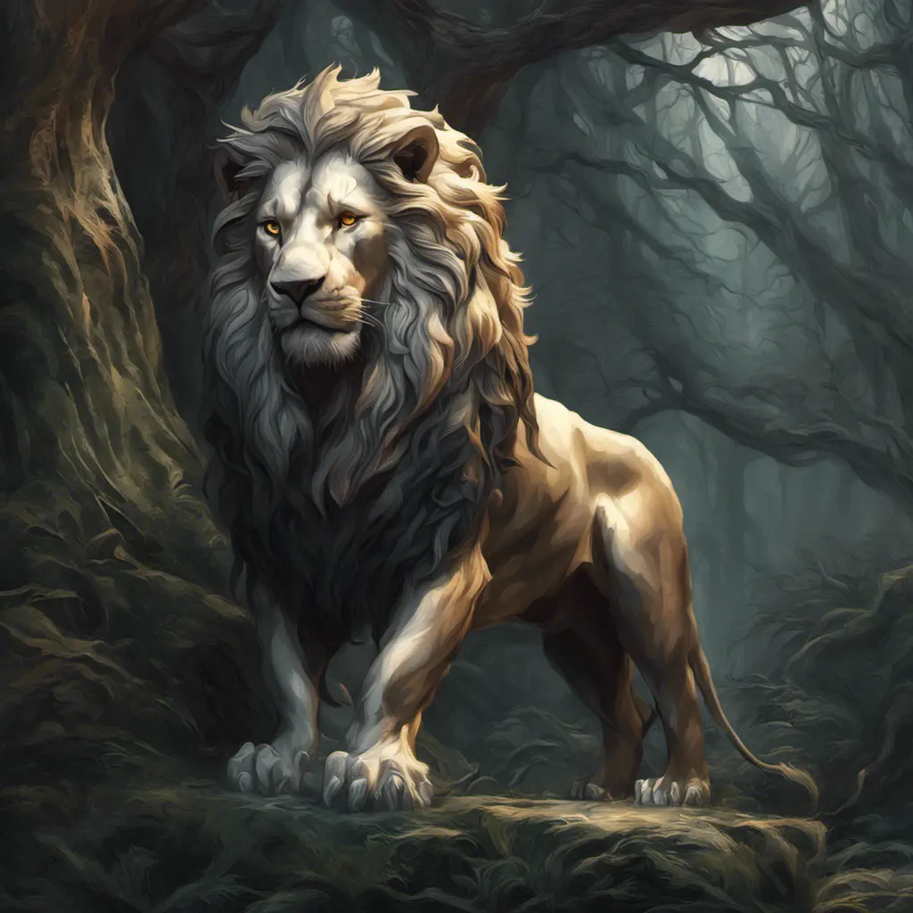 Lion in the forst, Highly Detailed, Intricate, Gothic, Volumetric Lighting, Fantasy, Dark by Stanley Artgerm Lau