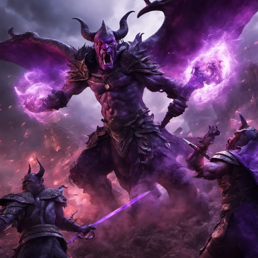 War in mystical realms; fantasy photorealistic rendering; ancient civilization;  valiant heroes vs ominous purple devil., 8k, Fantasy