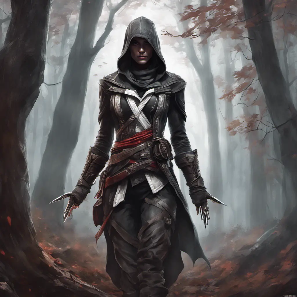 Assassin's creed female assassin in a haunted forest, Highly Detailed, Intricate, Gothic, Volumetric Lighting, Fantasy, Dark by Stanley Artgerm Lau