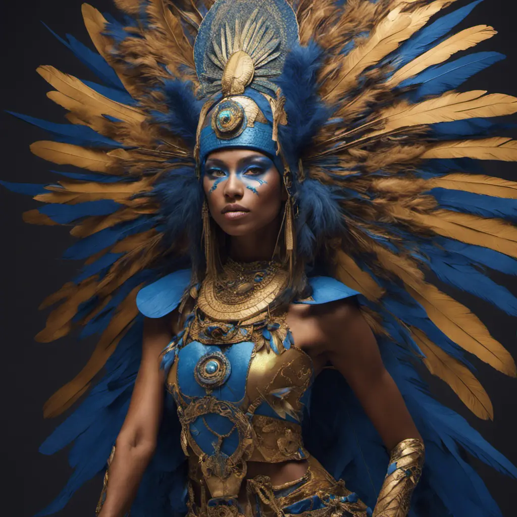 A tan skin Mayan queen all blue and gold elaborate outfit, with huge headpiece center piece, blue/gold makeup with oversized headdress with long bird feathers, with depth of field, fantastical edgy and regal themed outfit, Minimalism, Vibrant Colors, Fantasy