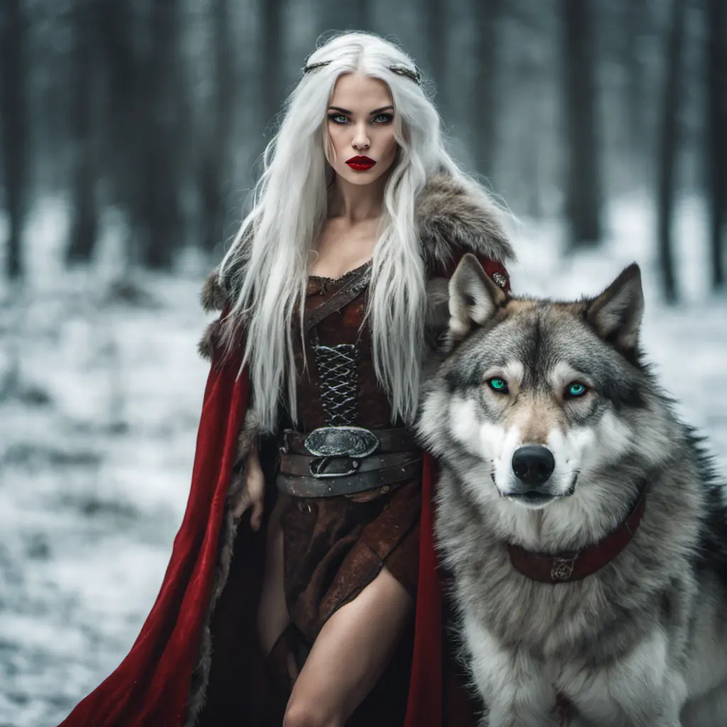 Lady of the Wild Hunt in action. Attractive slender woman with long white hair, emerald green eyes, red lips. Fierce expression. Dressed in viking dress. Frost on the ground. Standing next to large aggressive wolf., Full Body, Photo Realistic