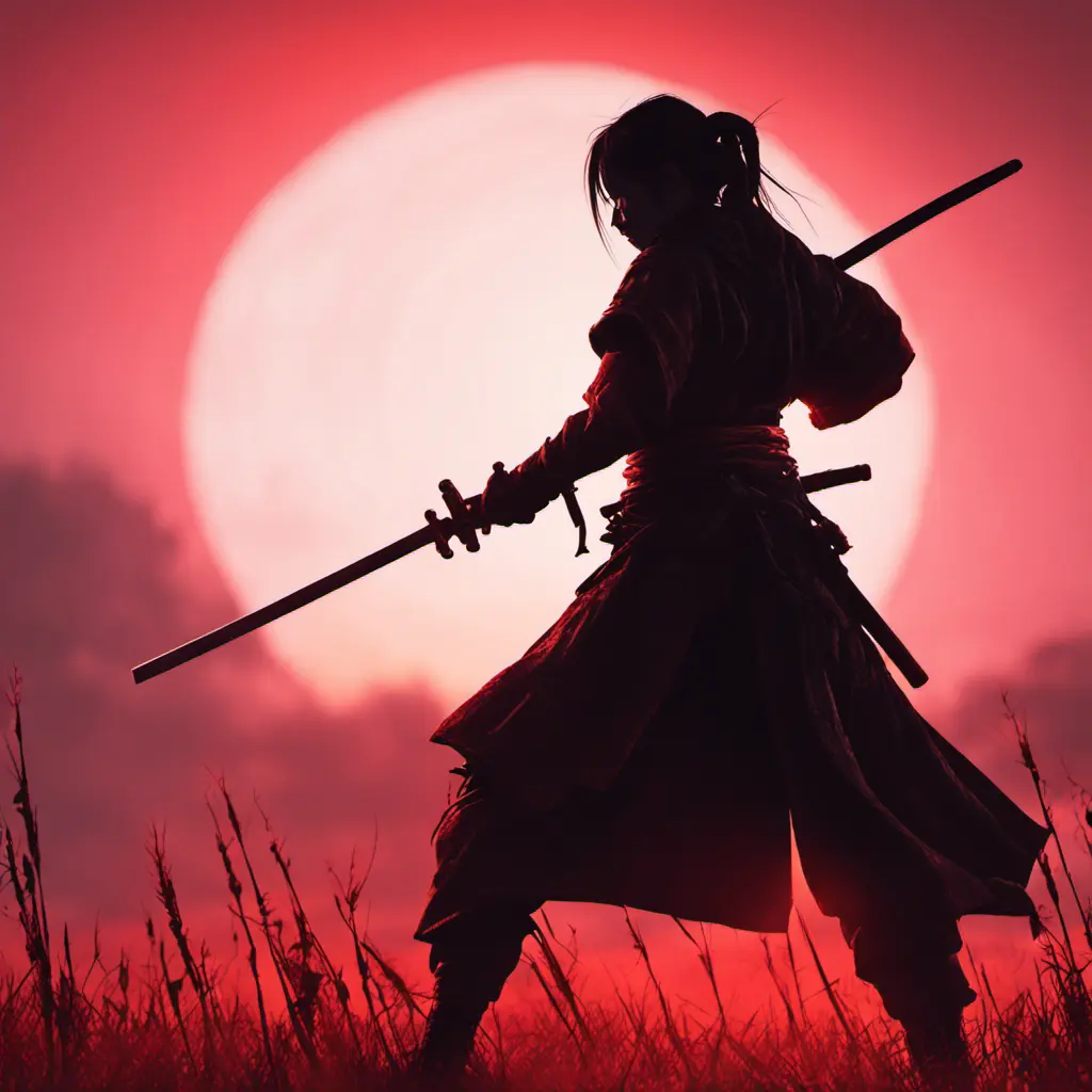 Silhouette of a samurai female assassin on a batte field. Sky is colored by a red sun set., 8k, Dystopian, Trending on Artstation, Volumetric Lighting