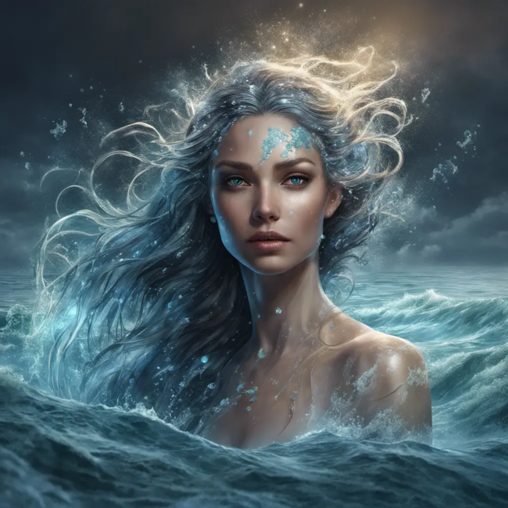 "magical ocean goddess", water, spray, waves, flowing hair, head and shoulders portrait, finely drawn eyes, 8k, Fantasy