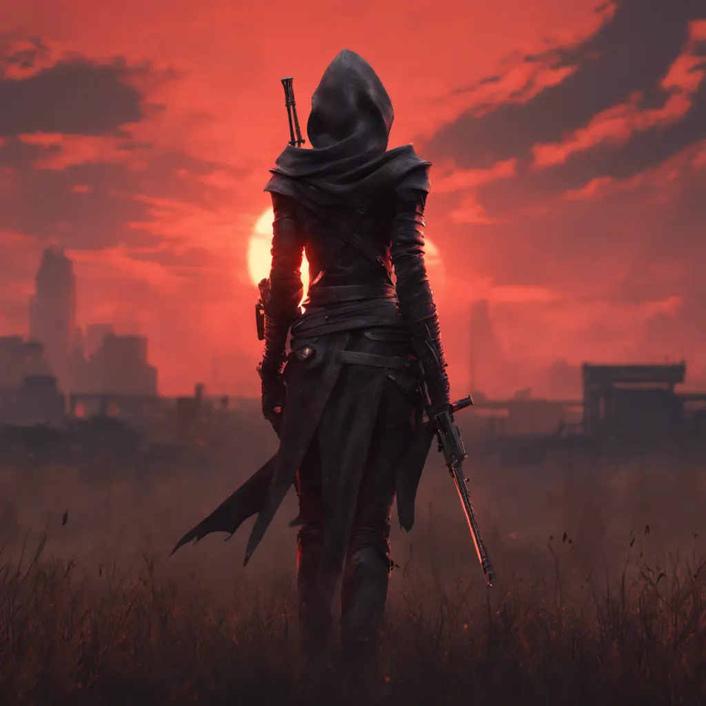 Back view of a female assassin on a batte field. The sky is colored by a red sun set., 8k, Dystopian, Trending on Artstation, Volumetric Lighting