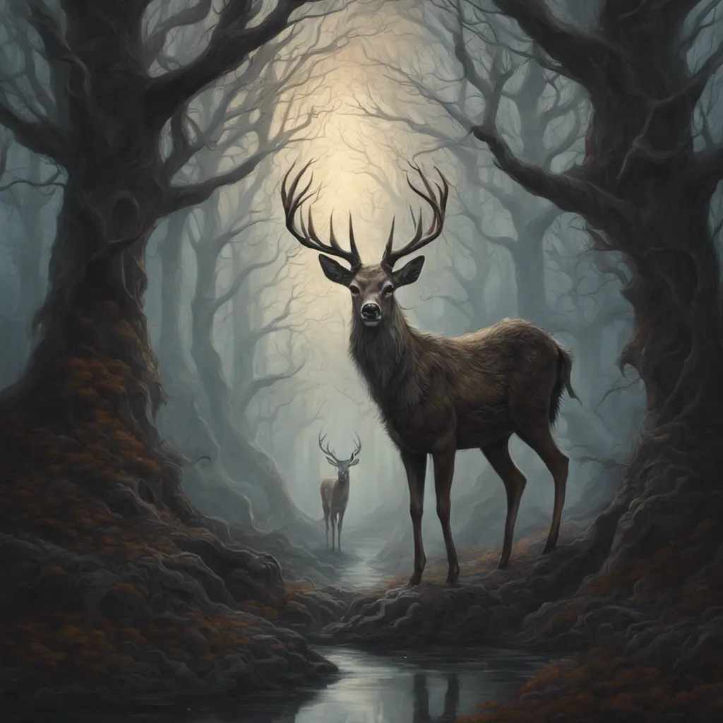 Deer in a haunted forest, Highly Detailed, Intricate, Gothic, Volumetric Lighting, Fantasy, Dark by Stanley Artgerm Lau