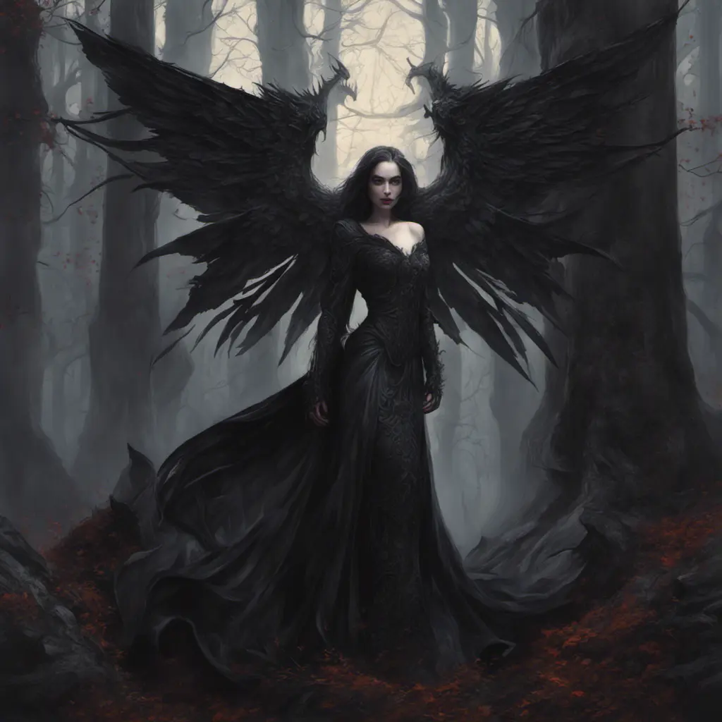 Winged vampiress in a haunted forest, Highly Detailed, Intricate, Gothic, Volumetric Lighting, Fantasy, Dark by Stanley Artgerm Lau