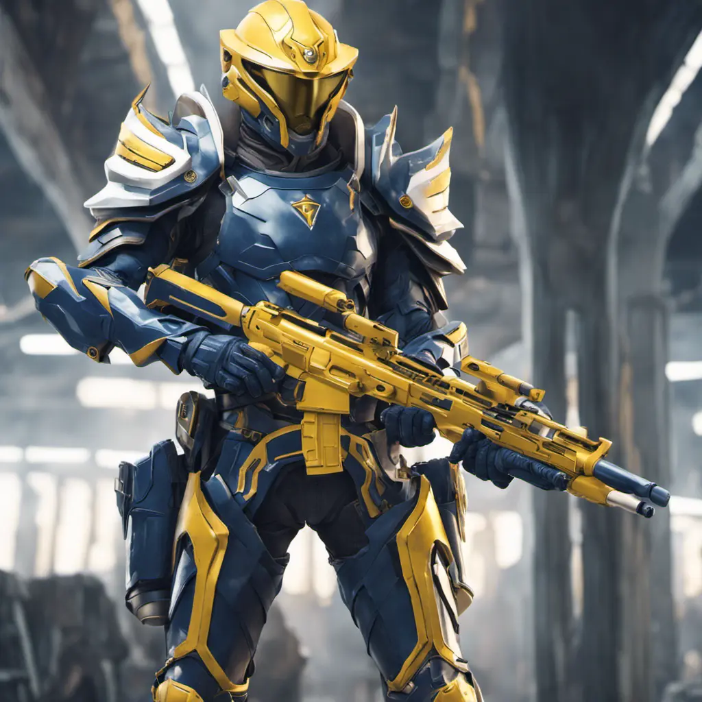 Full body of a high elf sci fi soldier wearing heavy sci fi elven armor, navy blue and yellow and white armor and helmet, visor, boots, male, holding a light machine gun, 8k, Sci-Fi, Fantasy