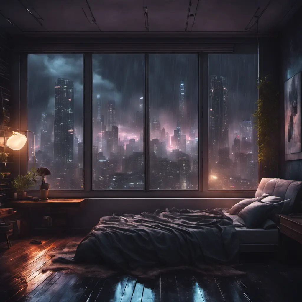 Beautiful cozy bedroom with floor to ceiling glass windows overlooking a cyberpunk city at night, thunderstorm outside with torrential rain, High Resolution, Highly Detailed, Darkwave, Gloomy