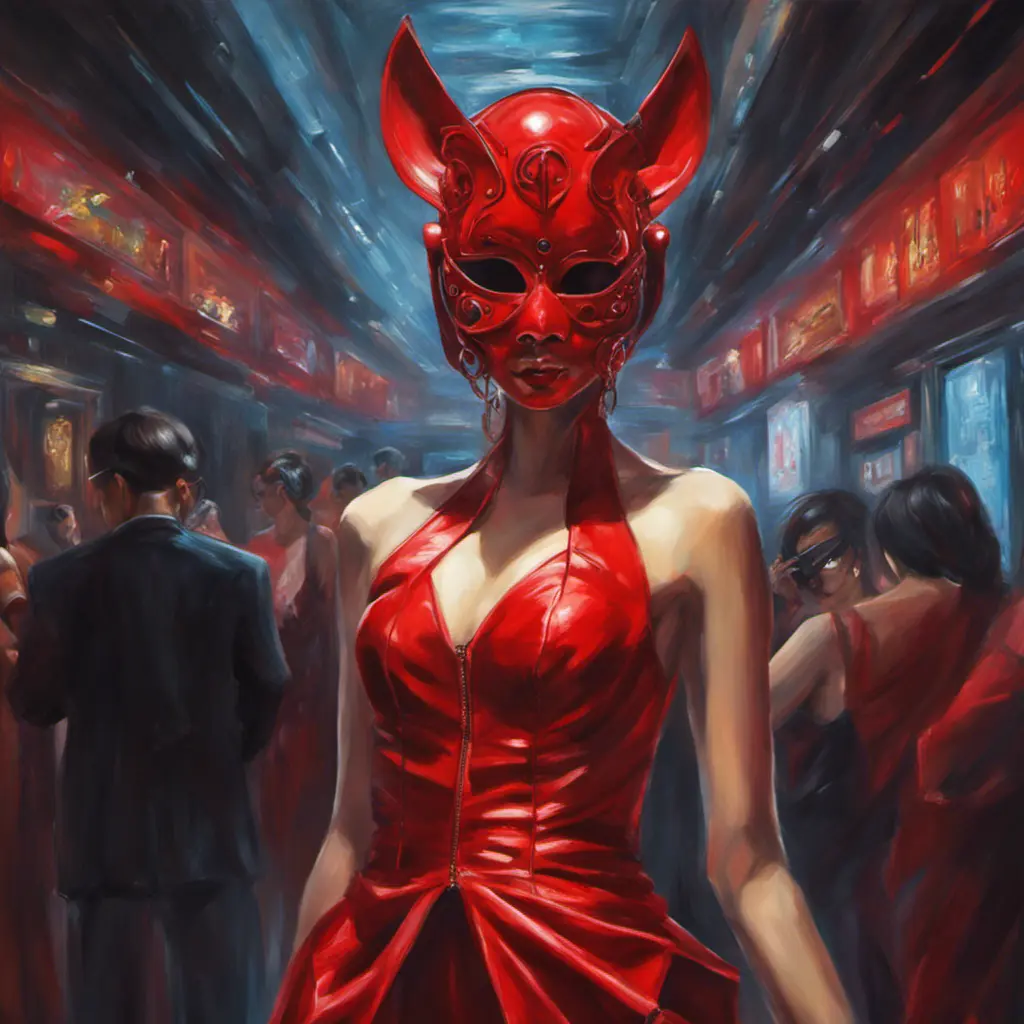 Asian cyberpunk feme fatale in expensive red dress with mask at a masquerade ball smart but dangerous in a high-tech club., Oil on Canvas, Photo Realistic