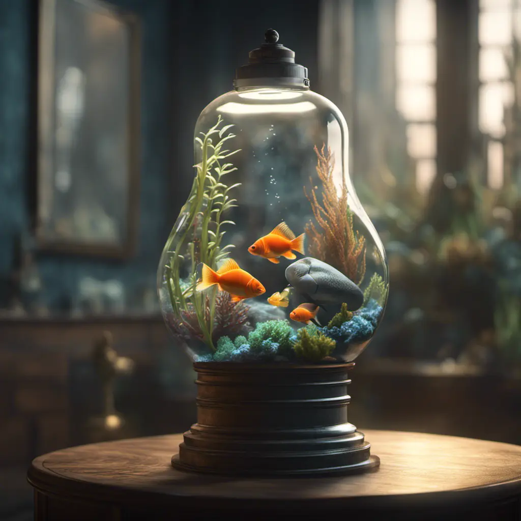 an aquarium with Ariel in a light bulb, perfect composition, 8k, HDR, Intricate Details, Masterpiece, Trending on Artstation, Epic, Cinematic Lighting, 3D Rendering, CryEngine, Unreal Engine, Dynamic Lighting