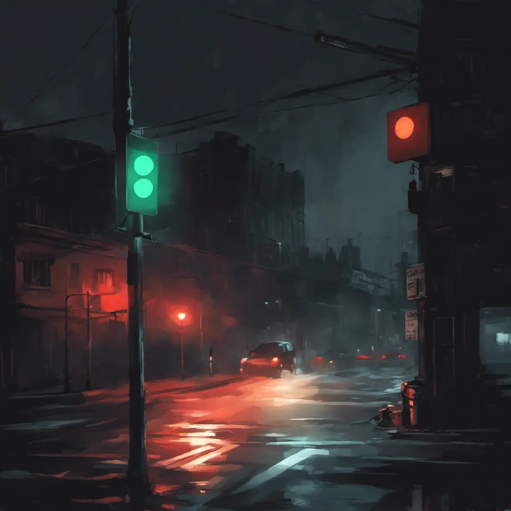 A simple bright trafficlight at a street corner at night, Dystopian, Digital Painting, Dark