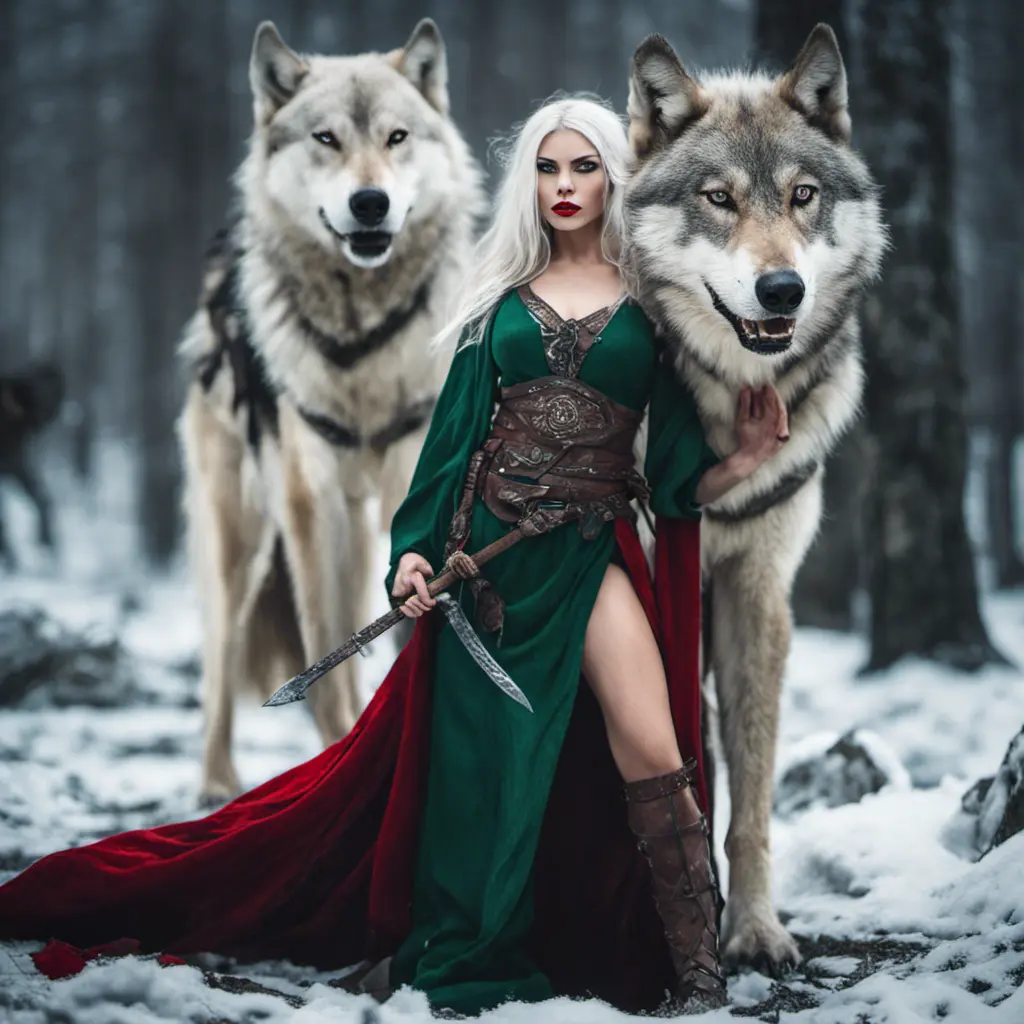 Lady of the Wild Hunt in action. Attractive slender woman with long white hair, emerald green eyes, red lips. Fierce expression. Dressed in viking dress. Frost on the ground. Standing next to large aggressive wolf., Full Body, Photo Realistic