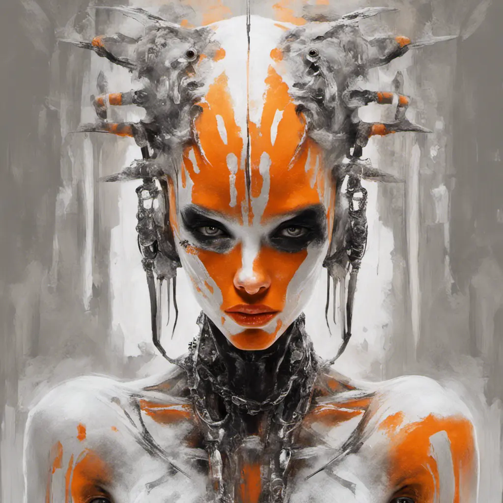 Ethereal minimalist Alien race cybergoth fashion photography painting, in the style of fluorecent orange  ,pearl_white  black  and silver , heavy use of palette knives, full body wide shot painting of teachment , Intricate, Sharp Focus, Concept Art