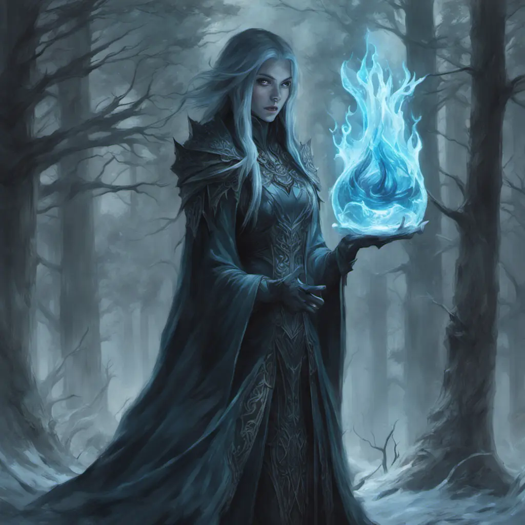 Ice mage in a haunted forest, Highly Detailed, Intricate, Gothic, Volumetric Lighting, Fantasy, Dark by Stanley Artgerm Lau