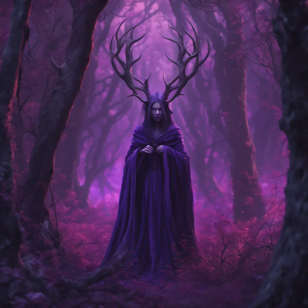 A mysterious witch cloaked with antlers in purple chaos energy, in a dark forest of salix trees, 8k, High Definition, Highly Detailed, Trending on Artstation, Darkwave, Epic, Isometric, Cinematic Lighting, Smooth, 3D Rendering, Octane Render, Vibrant Colors, Ominous by Stanley Artgerm Lau, Zdzislaw Beksinski, H. R. (Hans Ruedi) Giger