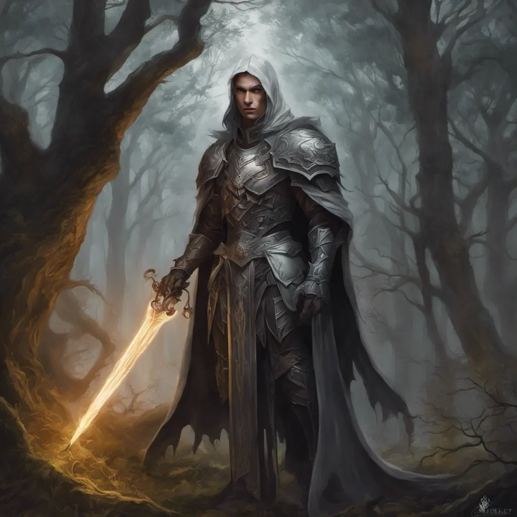 Ashen haired paladin in a haunted forest, Highly Detailed, Intricate, Gothic, Volumetric Lighting, Fantasy, Dark by Stanley Artgerm Lau