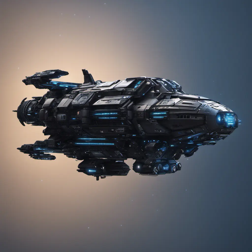 Entire black Spaceship, blue background, from side, Highly Detailed, Unreal Engine