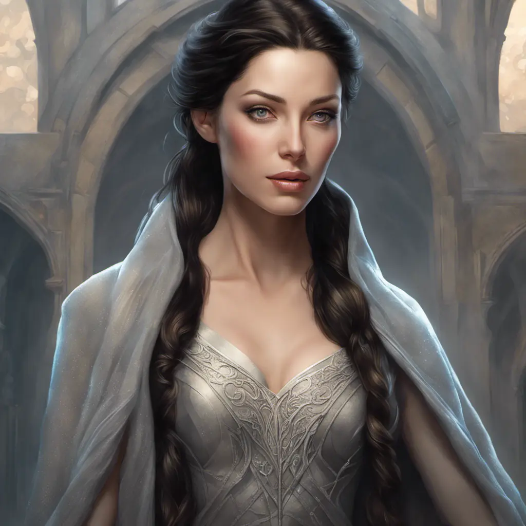 Alluring matte portrait of a beautiful Arwen in the style of Stefan Kostic, 8k, Highly Detailed, Intricate, Half Body, Realistic, Sharp Focus, Volumetric Lighting, Fantasy, Elegant by Stanley Artgerm Lau, Greg Rutkowski