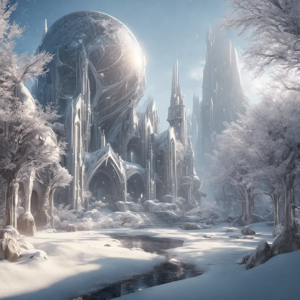 Futuristic galactic elven city in winter, 8k, Award-Winning, Highly Detailed, Beautiful, Octane Render, Unreal Engine, Radiant, Volumetric Lighting by James Gurney, Greg Rutkowski