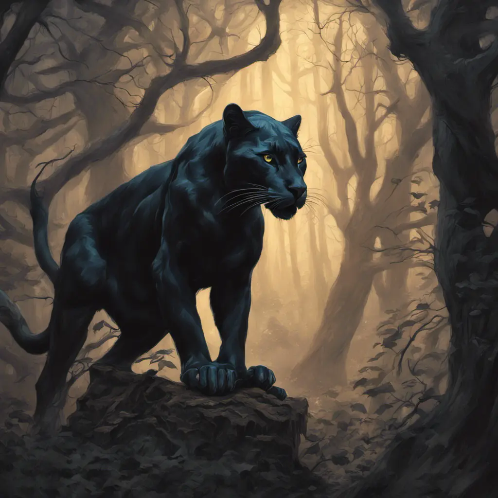 Panther in a haunted forest, Highly Detailed, Intricate, Gothic, Volumetric Lighting, Fantasy, Dark by Stanley Artgerm Lau