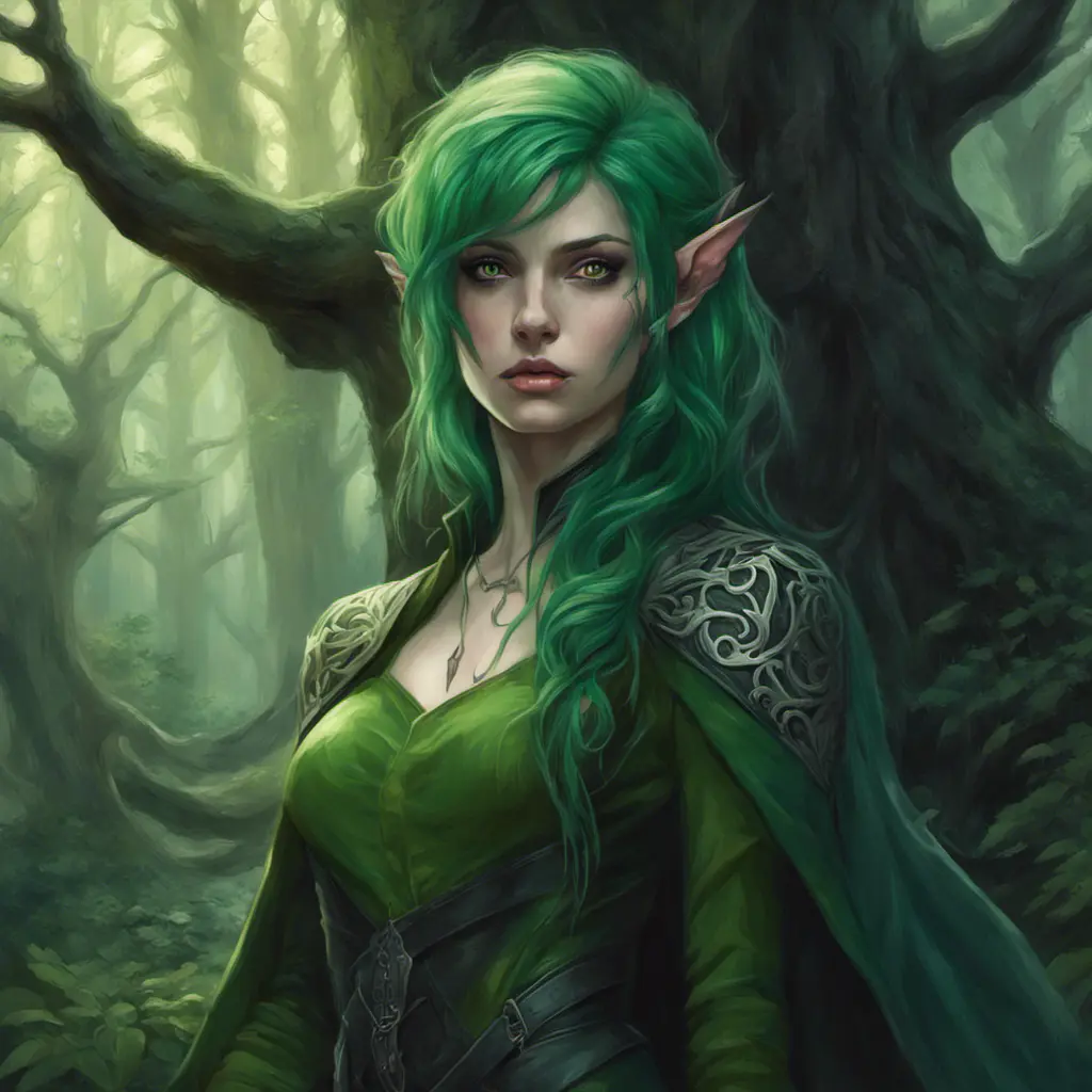 Green haired half-elf in a haunted forest, Highly Detailed, Intricate, Gothic, Volumetric Lighting, Fantasy, Dark by Stanley Artgerm Lau