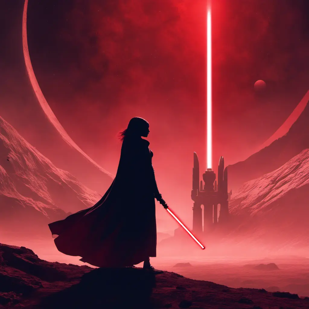 Portrait of a silhouette star wars female jedi with her red lightsaber, on an alien planet, in the style of evocative environmental portraits, dark, red, Sci-Fi, Volumetric Lighting